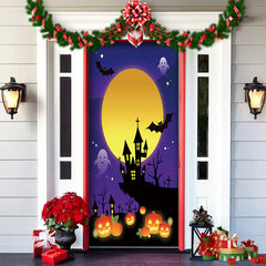 Decorative Halloween door with pumpkins, ghosts, and bats on a purple background.
