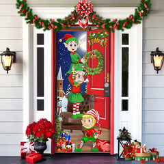 Decorative door with Christmas elves, wreath, and garlands on a house exterior.