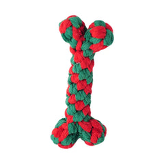 Red and green braided dog toy on a white background