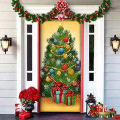Decorative door with a Christmas tree and presents design, featuring festive decorations on a house exterior.