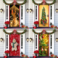 Four different Christmas-themed door decorations on a house exterior.