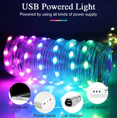 USB-powered LED light string with power sources indicated on a dark background