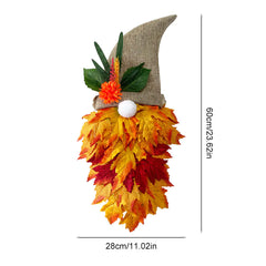 Decorative autumn-themed gnome with leaves and flowers, shown with dimensions on a white background.