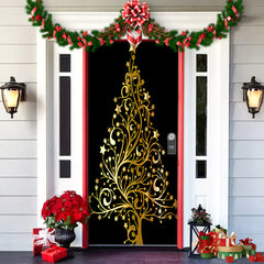 Decorative Christmas door with gold tree design, red bow, and festive decorations on a house exterior.