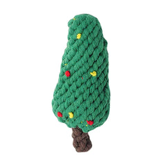 Green rope toy shaped like a Christmas tree with colorful accents on a white background