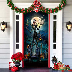 Decorative door with festive decorations and a cartoon character, surrounded by Christmas lights and presents.