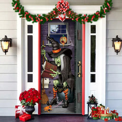 Decorative door with witch and Halloween decorations on a house exterior.