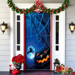 Decorative door with Halloween-themed design featuring a spider, pumpkin, and moon.