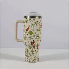 Christmas Stainless Steel Travel Mug with Handle, Lid, and Straw