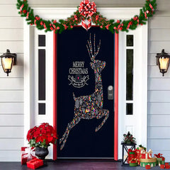 Decorative Christmas door with reindeer design and festive decorations.