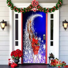 Decorative door with Santa Claus and reindeer design, surrounded by Christmas decorations.