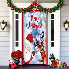 Decorative Christmas door with Santa Claus and reindeer, featuring the text 'Merry Christmas!' on a white door.