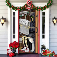Decorative door wrap with a skeleton reading a newspaper, surrounded by Christmas decorations.