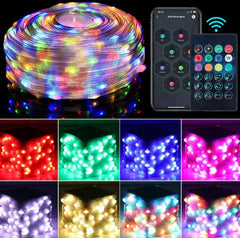 Multicolored LED string lights with remote controls and smartphone app interface.