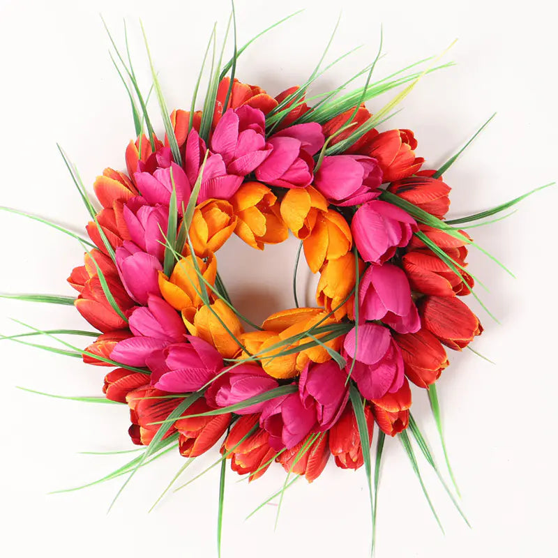 Red Pink and Orange Tulip Wreath for Door Decoration