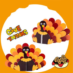 Cartoon turkeys with 'Give Thanks' text on an orange background