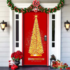 Decorative door with a Christmas tree design and festive decorations on a house exterior.