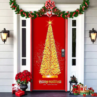 Decorative door with a Christmas tree design and festive decorations on a house exterior.