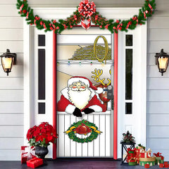 Decorative door with Santa Claus, reindeer, and Christmas decorations on a house exterior.