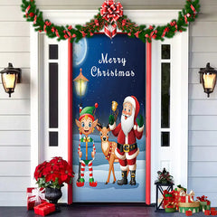 Decorative Christmas door with Santa Claus, elf, and reindeer on a blue background.
