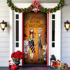 Decorative door with 'Nightmare Before Christmas' theme featuring Jack Skellington and Sally.