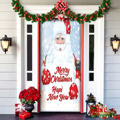 Decorative door with Santa Claus design and Christmas text on a house exterior.