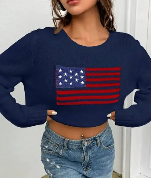 Loose Round Neck USA Flag Sweater