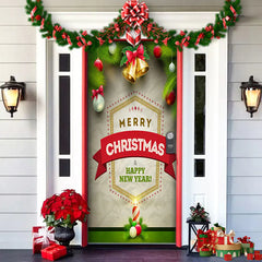 Decorated front door with Christmas and New Year's decorations, including a wreath, garland, and gift boxes.