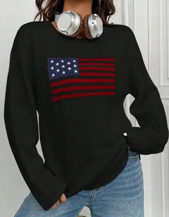 Loose Round Neck USA Flag Sweater