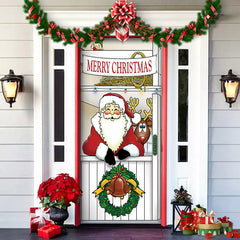 Decorative door with Santa Claus, reindeer, and Christmas decorations on a house exterior.