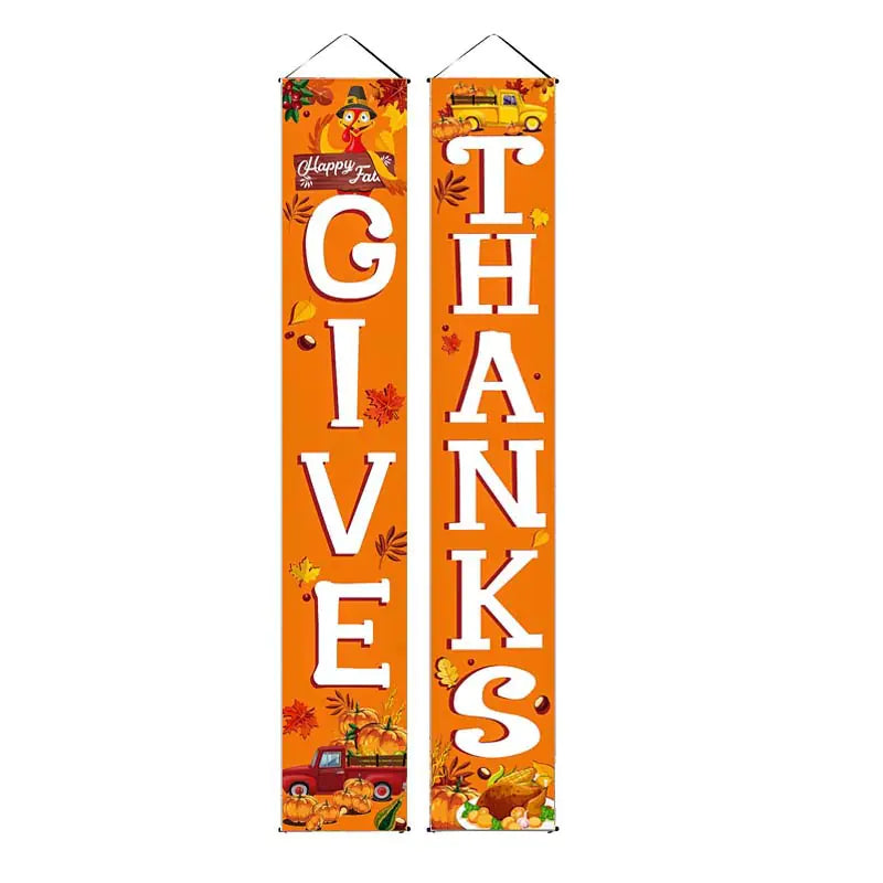 Two Thanksgiving-themed banners with 'Gives Thanks' text on an orange background.