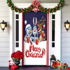 Decorative door with cartoon characters and 'Merry Christmas!' text, surrounded by festive decorations.