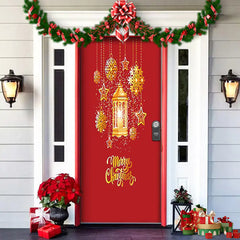 Decorative red door with Christmas decorations, including a lantern, stars, and 'Merry Christmas' text.