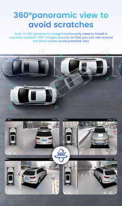 360-degree panoramic view of a car from multiple angles with text about avoiding scratches.