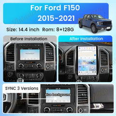 Car dashboard with a navigation system before and after installation, suitable for Ford F150 2015-2021.
