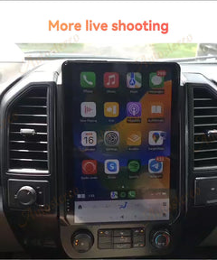 Car dashboard with a tablet displaying app icons, placed on a mount.