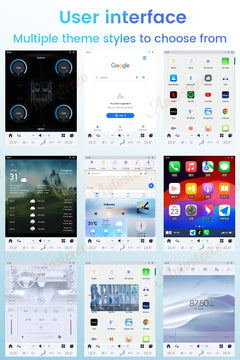 Various smartphone home screen themes displayed on a blue background with text 'Multiple theme styles to choose from'.