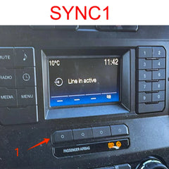 Car dashboard with radio display showing time and temperature, labeled 'SYNC1'.