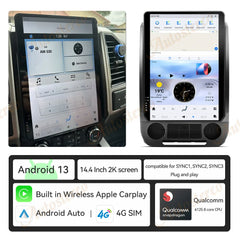 Car stereo system with 2K screen, Android 13, and Qualcomm Snapdragon 615 processor.
