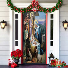 Decorative door with nativity scene painting and Christmas decorations on a house exterior.