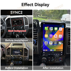 Before and after installation of a car multimedia system with 'SYNC2' branding.