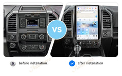 Comparison of a car's dashboard before and after installation of a new infotainment system.