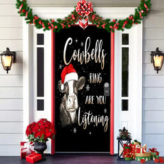 Decorative door with Christmas cowbell design and festive decorations.
