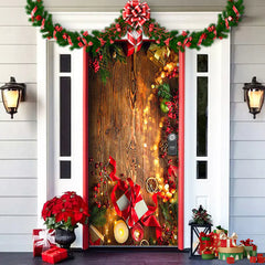 Decorative front door with Christmas decorations including lights, garlands, and gift boxes.
