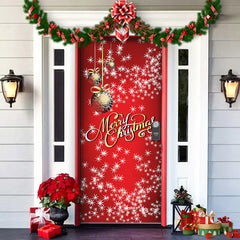 Decorative Christmas door with red background, gold text, and festive decorations.