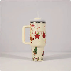 Christmas Stainless Steel Travel Mug with Handle, Lid, and Straw