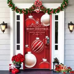 Decorative Christmas door with red and white ornaments, garlands, and lights on a house exterior.