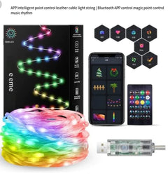 LED light string set with packaging, smartphone app, remote control, and USB cable on a white background.