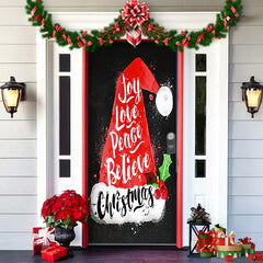 Decorative door with Christmas-themed design and festive decorations on a house exterior.