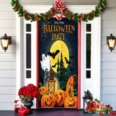 Decorative Halloween door cover with pumpkins, ghosts, and a castle on a house door.